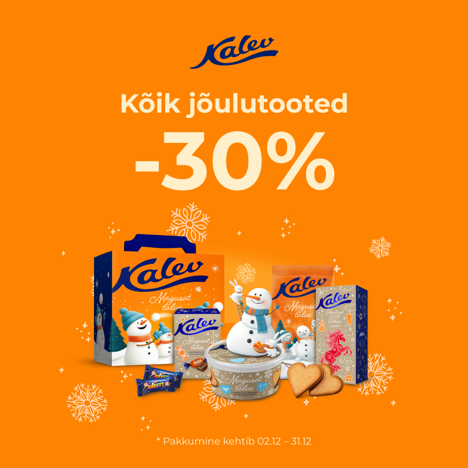 pildil on oranžil taustal kommipakid ja kaunistuseks lumehelbed ja lumememmed