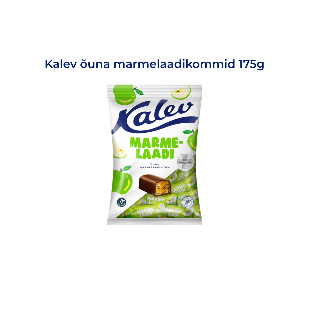 Pildil on Kalevi õunamaitselised marmelaadikommid kommipakk